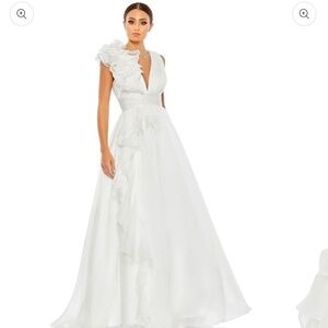 Macduggal White Ruffle Shoulder V-neck Chiffon Gown